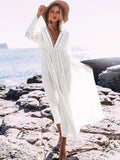 Deep V Neck Hollow Out Long Dress Women Plus Size Summer Beach Tunic White Sexy A Line Long Dress Vestidos Q274