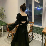 Sweet Back Puff Sleeve Dress Women Autumn  New Pink Bandage Dress Fashion Elegant Chiffon Long Dresses Female