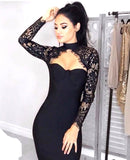 New Summer Black Bandage Dress Women Sexy Lace Long Sleeve Hollow Club Knee Dress Celebrity Evening Party Dress Vestidos