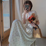 Vintage Floral Dress Women Elegant Lace Chiffon Korean Party Dress Puff Sleeve V Neck Midi Dress Fall Dresses For Women