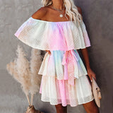 High Quality Bohemian Rainbow Slash Neck High Waist Summer Mini Dress Chiffon Tunic Women Sexy Off the Shouder Party Dress A451