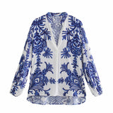 -  New Women Vintage Cotton Blue Print Office Lady Blouse Female Fashion V Neck Casual Streetwear Thin Blouse Chic Top
