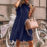 Women Summer Ruffled Casual Dress Loose O-Neck Sleeveless Solid Color Stitching Pullover Dress  New Retro Mini Dress
