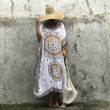 Women Summer Beach Dress Cotton Ethnic Print Kaftan Maxi Dress  Summer Loose Vintage Boho Beach Long Dress Vestidos Q393