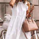 Women Summer Ruffled Casual Dress Loose O-Neck Sleeveless Solid Color Stitching Pullover Dress  New Retro Mini Dress