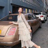 Spring Women V-Neck Long Sleeve Dress Lady Elegant Dot Chiffon Pleated Dress Female High Waist Vestido