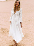 Deep V Neck Hollow Out Long Dress Women Plus Size Summer Beach Tunic White Sexy A Line Long Dress Vestidos Q274