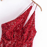 Summer Women Elegant Vintage Sexy Red Velvet Sequins Dress Female Casual Inclined Shoulder Party Slim Mini Dresses