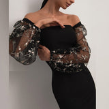 Spring Autumn Women Patchwork Embroidery Mesh Party Dress Lady Solid Lantern Sleeve Dress Elegant Square Collar Bodycon Dresses XJ0929