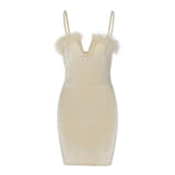 Women Solid Furry Trim Tight Mini Vestidos Sexy Summer Backless V-Neck Spaghetti Straps Bodycon Dress Club Party Clothing Female
