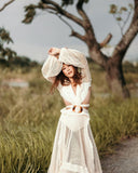 Sexy Deep V-neck Cut Out Long Sleeve Maxi Dress Long White Lace Tunic Party Women Clothes  Summer Beach Dress