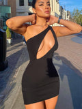 Hollow Out Women One Shoulder Mini Dress Sleeveless Bodycon Sexy Streetwear Party Club Elegant  Summer Clothes