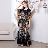 Elegant Tiger Printed Long Dreen  Women Summer Tassel Batwing Sleeve Dress Beach Wear Long Robe De Plage A925