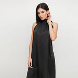 Women Solid Satin Loose Vintage Mini Dress Turtleneck Sleeveless Backless Hollow Back Elegant Dress  New Fashion Women Dress