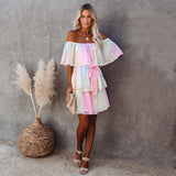 High Quality Bohemian Rainbow Slash Neck High Waist Summer Mini Dress Chiffon Tunic Women Sexy Off the Shouder Party Dress A451