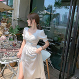 Women Long White Satin Dress Summer Runway Elegant Retro Fairy Casual Sea Beach Vacation Party Night Vestidos New