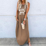 Casual Women O-Neck Long Dresses Summer Letter Printed Sleeveless Beach Sundress Daliy Boho Long Maxi Dress Vestidos