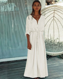 Sexy Button Pockets Front Open Self Belted High Waist Summer Dress White Tunic Women Clothes Street Wear Maxi Dress Q1111