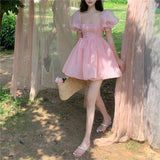 Woman Sweet Pink Fairy Dress Summer Vintage Elegant Square Collar Puff Sleeve Ball Gown Robe Korean Mini Princess Vestidos 0719