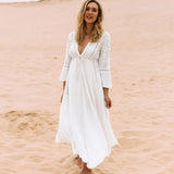 Deep V Neck Hollow Out Long Dress Women Plus Size Summer Beach Tunic White Sexy A Line Long Dress Vestidos Q274