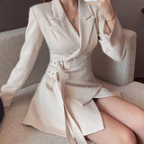 Elegant Blazer Dress Women High Waist Slim Belted Sashes Long Sleeve Dress Female Korean Office Lady Mini Party Dress Vestidos