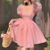 Woman Sweet Pink Fairy Dress Summer Vintage Elegant Square Collar Puff Sleeve Ball Gown Robe Korean Mini Princess Vestidos 0719