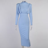 Midi Dress Women Long Sleeve Hight Waist Elegant Dresses Autumn  Lady Party Dresses Front Ruched Hem Split Solid