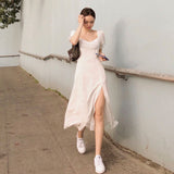 Midi Dress Women Elegant A-Line Korean Vintage Purple Chiffon Summer Woman  Dresses Party Square Collar Boho Vestidos