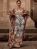 Indie Folk Zabra Striped Pattern Patchwork Bathing Sleeve Maxi Dress For Women Clothes Plus Size Streetwear Moroccan Caftan