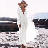 Deep V Neck Hollow Out Long Dress Women Plus Size Summer Beach Tunic White Sexy A Line Long Dress Vestidos Q274