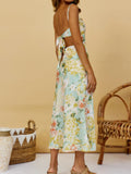 Women Boho Hollow Out Lace Up Bow Dresses Print Split Long Dress  New Fashion Female Sleeveless Beach Flowers Chic