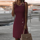 Office Lady Elegant Round Neck Sleeveless Party Dress Summer Women Vintage Solid Button Design Midi Dresses Casual Dress Vestido
