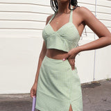 Mini Dress Summer Ruffles Sundress Short Sleeve Women's High Waist Plaid Skirt Sexy платье Halter Camisole Set Print Tie Up Wrap