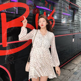 Spring Women V-Neck Long Sleeve Dress Lady Elegant Dot Chiffon Pleated Dress Female High Waist Vestido