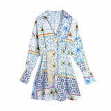Summer Bohemia Women Vintage Print V-Neck Dress Female Fashion Chic Single-Breasted Casual Mini Dresses