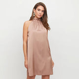 Women Solid Satin Loose Vintage Mini Dress Turtleneck Sleeveless Backless Hollow Back Elegant Dress  New Fashion Women Dress