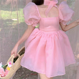 Woman Sweet Pink Fairy Dress Summer Vintage Elegant Square Collar Puff Sleeve Ball Gown Robe Korean Mini Princess Vestidos 0719