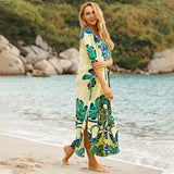 New Bohemian Printed V-Neck Half Sleeve Summer Beach Dress Green Cotton Tunic Women Beachwear Midi Dress Robe De Plage Q845