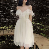 Lolita Style Mesh Ruffles Slash Neck Off Shoulder Lace Up Women Summer White Dress Spaghetti Strap Dresses
