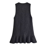 Women Summer   Women Tweed Black Plaid Vintage Casual Sweet Dress Female Fashion Office Lady Slim V Neck Sleeveless Mini Dresses