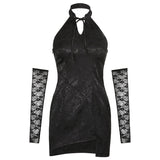 Graduation party  Gothic Halter Black Dresses Women High Waist Emo Alt Clothes Vintage Hollow Out Bodycon Dress Sexy Evening Wear Cheongsam