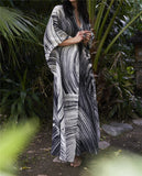 Elegant Quick-Drying Striped V-Neck Self Belted Summer Beach Dress Black Cotton Tunic Plus Size Women Beachwear Kaftan Q941