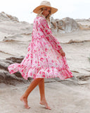 Sweet Pink Print Long Sleeve Front Open Vocation Midi Dress Pink Tunic Women Beach Wear Swim Suit Dresses A990