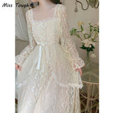 Winter Vintage Fairy Dress Women Lace Patchwork Lolita Party Midi Dress Female Korean Fashion Princess One Piece Dress