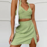 Mini Dress Summer Ruffles Sundress Short Sleeve Women's High Waist Plaid Skirt Sexy платье Halter Camisole Set Print Tie Up Wrap