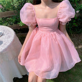 Woman Sweet Pink Fairy Dress Summer Vintage Elegant Square Collar Puff Sleeve Ball Gown Robe Korean Mini Princess Vestidos 0719