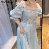 Women Elegant Lace Ruffles Slim Dress Romantic Fairy Party Dress Summer Gentle Sweet Lolita Style Princess Vestidos