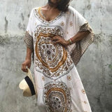 Women Summer Beach Dress Cotton Ethnic Print Kaftan Maxi Dress  Summer Loose Vintage Boho Beach Long Dress Vestidos Q393