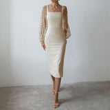 Spring Autumn Women Patchwork Embroidery Mesh Party Dress Lady Solid Lantern Sleeve Dress Elegant Square Collar Bodycon Dresses XJ0929