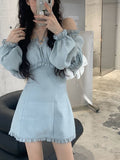 Autumn Solid Elegant Dress Women Korean Princess High Waist Casual Sweet Dress Female Party Long Sleeve Mini Fairy Dress